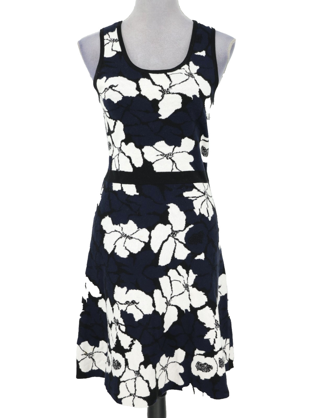 Ann Taylor Sweater Dress Womens XS Navy Blue Black White Floral Cotton Knit